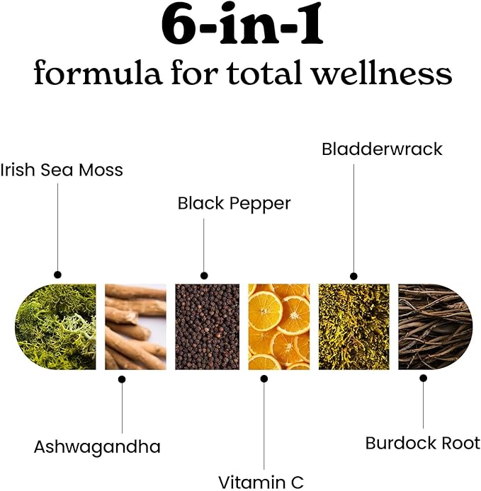 3000mg Iris Sea Moss 2000mg Black Seed Oil 1000mg Ashwagandha 1000mg Burdrock Root 1000 mg Bladderwrack with Black Pepper &amp Vitamin C |Vitality &amp Energy Support | All-in-one supplement| Pa