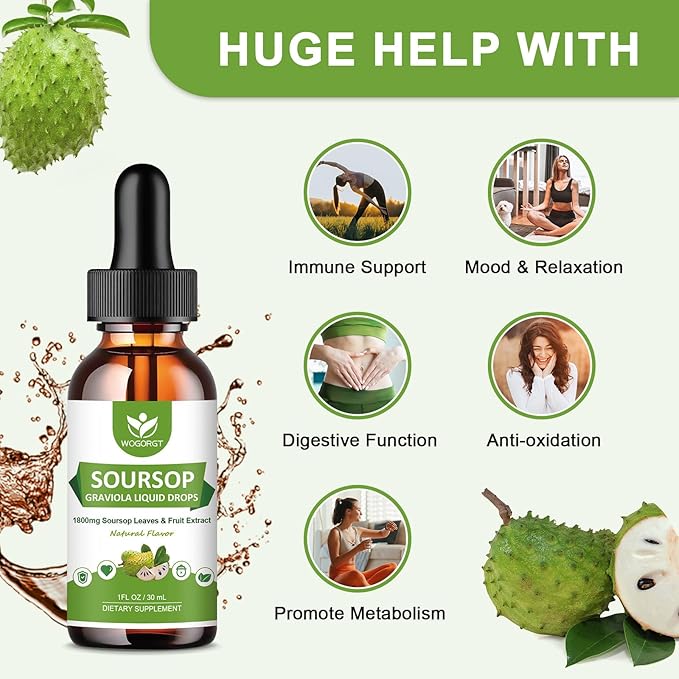 (2 Pack) Soursop Graviola Liquid Drops - 1800mg Soursop Extract - High Absorption Sour sop Bitters Liquid for Cell Support &amp Regeneration Immune Support Antioxidant Relaxation Sugar Free - 1 F