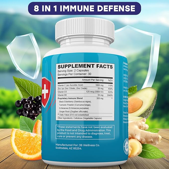 Immune Support 8 in 1 Capsules - Zinc Supplement Vitamin D3 Vitamin C and Elderberry - Immune Booster Supplement with Echinacea Ginger Root and Turmeric
