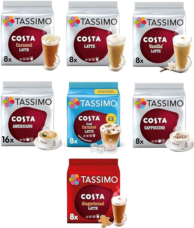 Tassimo Coffee Tea Chocolate Pods. Pick Any 3 Packs from 50+ Blends Including Kenco Costa Jacobs Hot Chocolate Chai latte Baileys Cadbury Milka Oreo Cafe Hag and More.