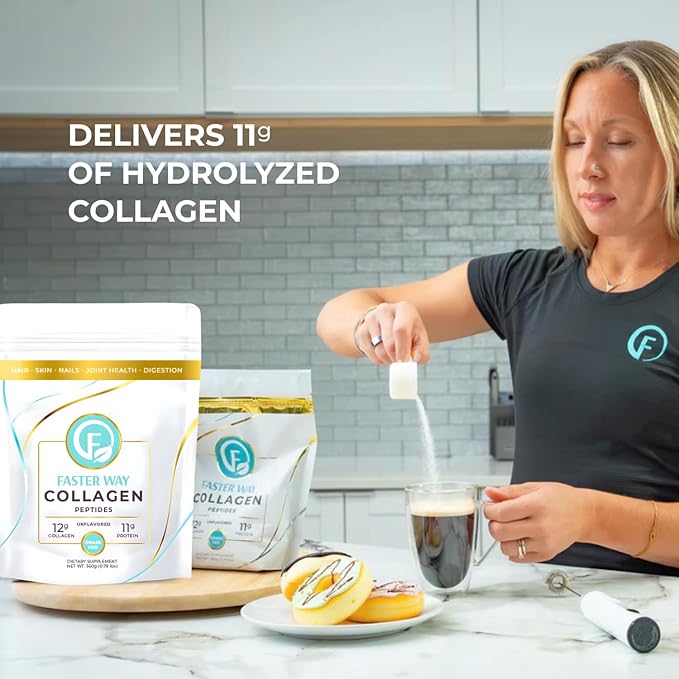 Faster Way - Collagen Peptides - 12g Hydrolyzed Collagen + 11g Protein Per Serving - Hair Skin &amp Nails - Amino Acids - Grass-Fed - Sugar Gluten &amp Dairy Free - Non-GMO -Unflavored Powder -30