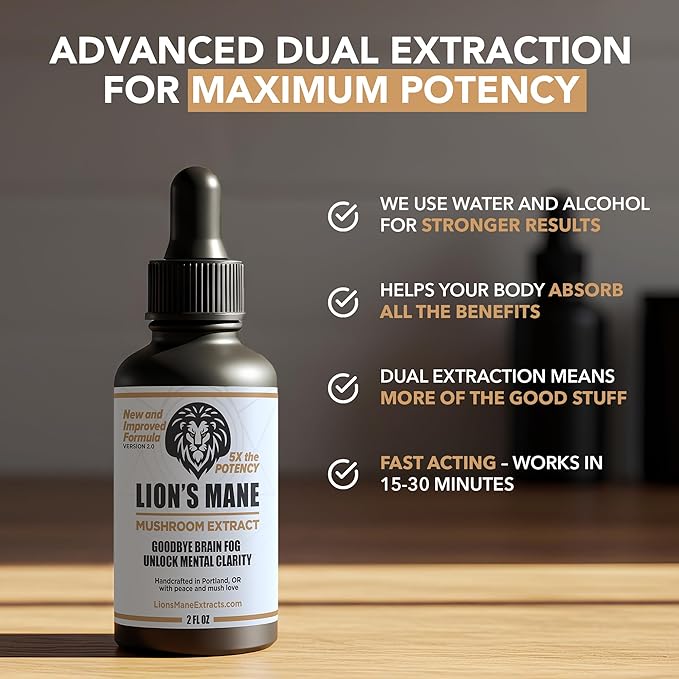 Lion's Mane Extract Mushroom Tincture - Focus Memory &amp Clarity Support - 2 oz Lion’s Mane Supplement Liquid Extract | Dual-Extracted from USA-Grown Fruiting Bodies Mushroom Drops Nootropic