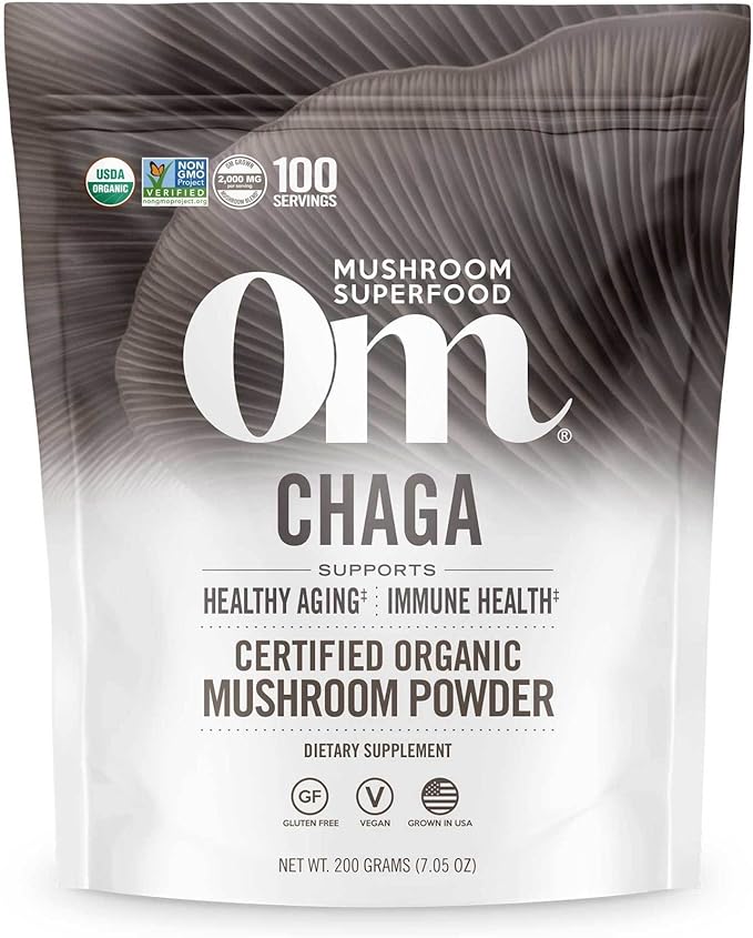 OM MUSHROOM SUPERFOOD Chaga Organic Mushroom Powder 7.05 Ounce Pouch 100 Servings US Grown Sacred Antioxidants &amp Immune Support Superfood Mushroom Supplement