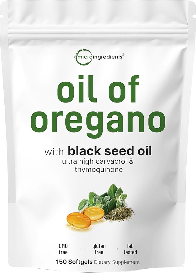 Micro Ingredients Oil of Oregano Softgels 150 Count | 2 in 1 Formulated with Black Seed Oil | 4X Strength Carvacrol &amp Thymoquinone | Plant Based Non-GMO