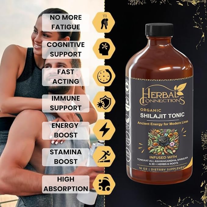 Organic Shilajit Tonic 16 oz | 32 Servings | 20-Herb Adaptogen Blend w/Ashwagandha Maca Spirulina &amp Turmeric | Liquid Energy Hormone Balance &amp Detox Support | Vegan Non-GMO