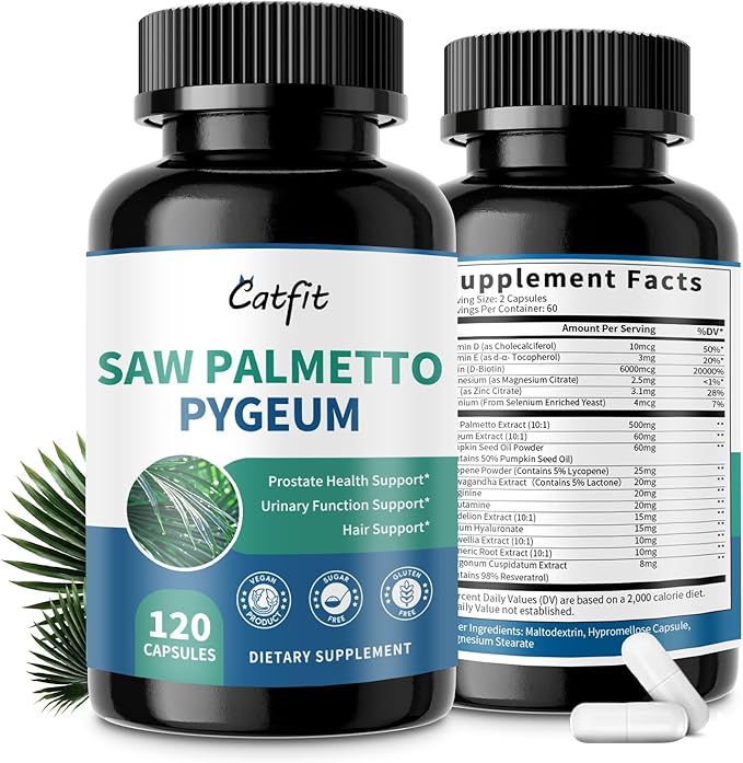 Catfit Saw Palmetto for Men – Prostate Health &amp Urinary Support &amp DHT Blocker Hair Health with Biotin 6000mcg Pumpkin Seed Oil Pygeum &amp Lycopene – Energy &amp Vitality Formula 120 Cap