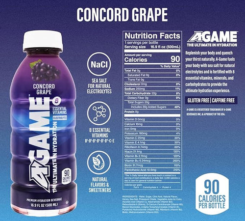 A-GAME Sports Drink Concord Grape The Ultimate Hydration Sports Beverage for Athletes 8 Essential Vitamins including B C &amp E plus Natural Sea Salt Electrolytes All Natural Flavors &amp Swee