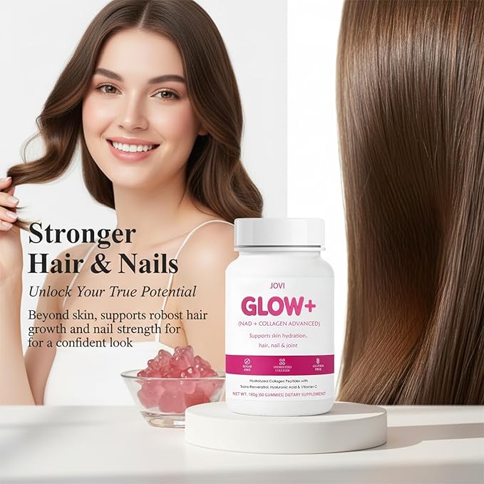Jovi Nutrition Glow+ NAD+ &amp Collagen GummiesMulti-Type Hydrolyzed Collagen Peptides with Resveratrol Hyaluronic Acid Vitamin C &amp E Skin Hair &amp Nail Nutritional Support
