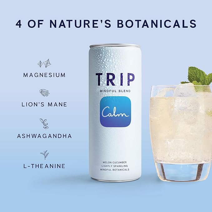 TRIP Lightly Sparkling Adaptogen Drink Non Alcoholic Drink with Magnesium Ashwagandha Lions Mane &amp L Theanine No Added Sugar Mocktail Vegan Melon Cucumber 12 Oz 12Pk