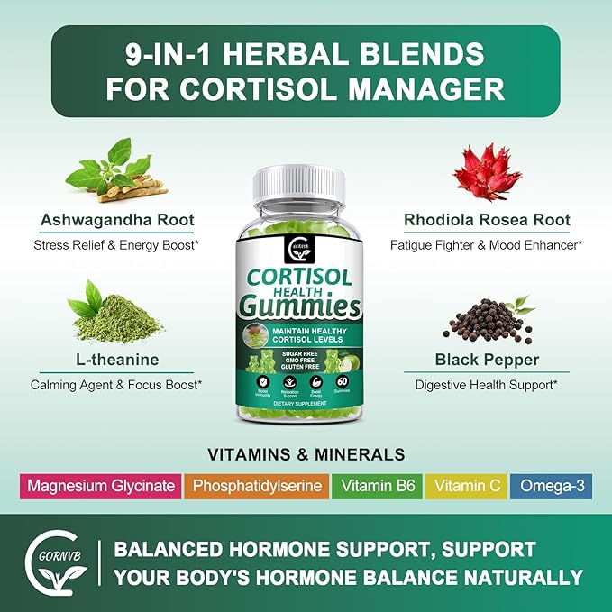 Cortisol Gummies Cortisol Supplement for Women with Magnesium Ashwagandha Rhodiola Phosphatidylserine L-Theanine Black Pepper Vitamin C &amp B6 - Relaxation Focus Sleep Support - 2 Pack