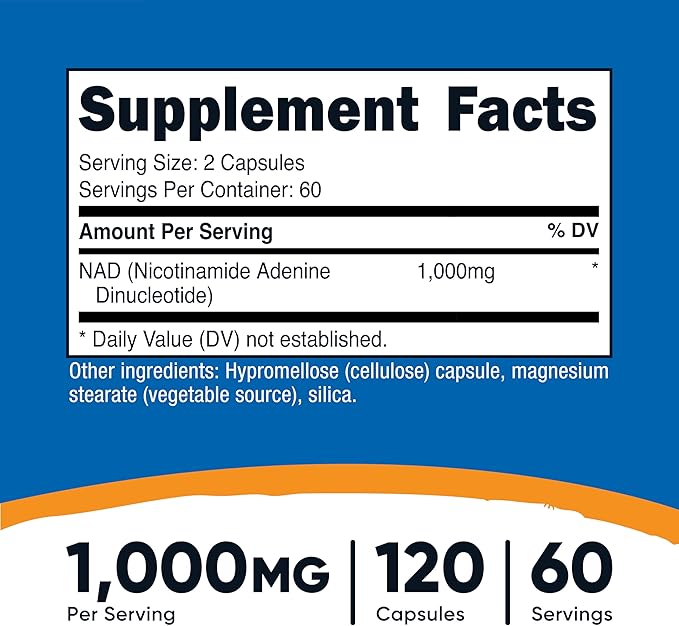 Nutricost NAD+ Supplement 1000mg per Serving120 Capsules (Nicotinamide Adenine Dinucleotide) - 60 Servings Gluten-Free Vegan