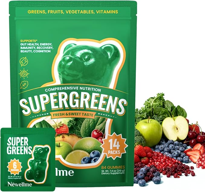 NEWELLME Super Greens Gummies Delicious Daily Greens Multivitamin Gummy Bears with Superfoods Fiber &amp Probiotics for Gut Health Energy &amp Immune Support Sugar Free 14 Grab-and-Go Packs