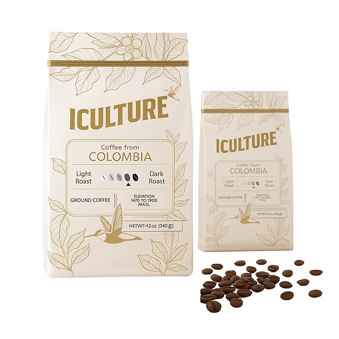 ICULTURE Colombia Ground Coffee 12 oz (340 g) | Medium-Dark Roast | Chocolate Cacao &amp Caramel Notes | Washed Arabica from Huila | Castillo Caturra &amp Colombia Varieties