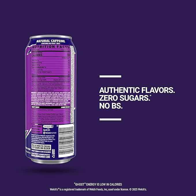 GHOST Energy Drink - 12-Pack Welch's Grape 16oz Cans - Energy &amp Focus &amp No Artificial Colors - 200mg of Natural Caffeine L-Carnitine &amp Taurine - Gluten-Free &amp Vegan