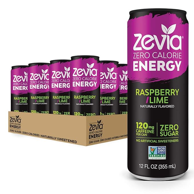 Zevia Zero Calorie Soda Cola 12 Ounce Cans (Pack of 24) and Zevia Zero Calorie Energy Drink Raspberry Lime 12 Ounce Cans (Pack of 12)