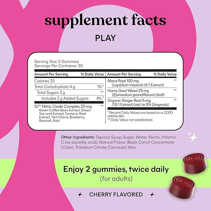 Lemme Play Daily Intimacy Gummies for Women and Men w/Clinically-Studied S7 Nitric Oxide Complex for Healthy Blood Flow Maca Root Goat Weed - Cherry Flavored (60 Count)