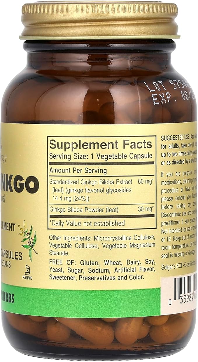 Solgar Super Ginkgo 120 Vegetable Capsules - Full Potency (FP) - Antioxidant &amp Nervous System Support - Brain Health - Non-GMO Vegan Gluten Free Dairy Free Kosher - 120 Servings