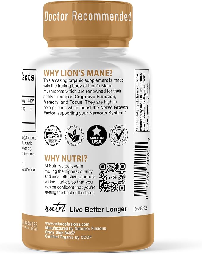 Nutri Organic Lions Mane Supplement Capsules - 1900 mg 10:1 Dual Extraction 120 Count - Certified Organic Mushroom Extract (Fruiting Body) - Third Party Tested - Cognitive Support Heart Health