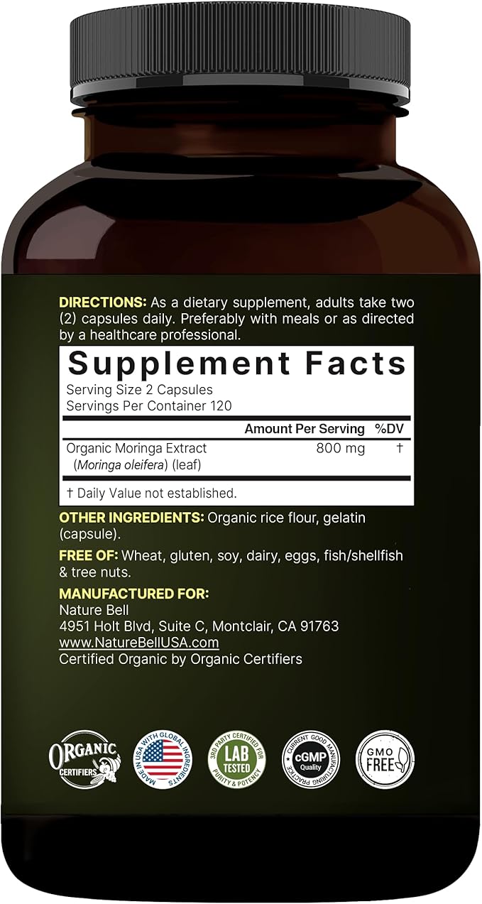 NatureBell Pure Moringa Capsules 2 Pack | Made with Moringa Powder Organic 480 Capsules – Green Superfood Skin Health &amp Immune Support – Non-GMO Gluten Free 8 Month Supply*