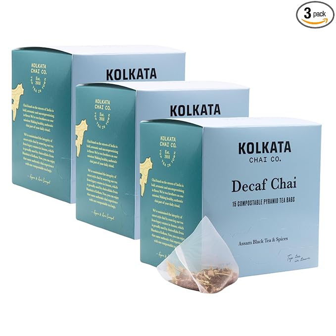Kolkata Chai - Decaf Chai Tea Bag 45 Count Premium Assam Black Tea and Spices Compostable Tea Bags Vegan All Natural