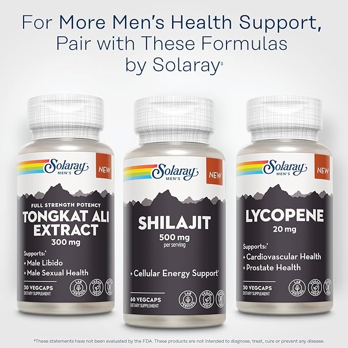 SOLARAY Shilajit 500 mg PrimaVie (R) Himalayan Shilajit for Men Adaptogenic Cellular Energy Support Men’s Health Supplement Vegan Gluten Free 60-Day Guarantee - 30 Servings 60 VegCaps