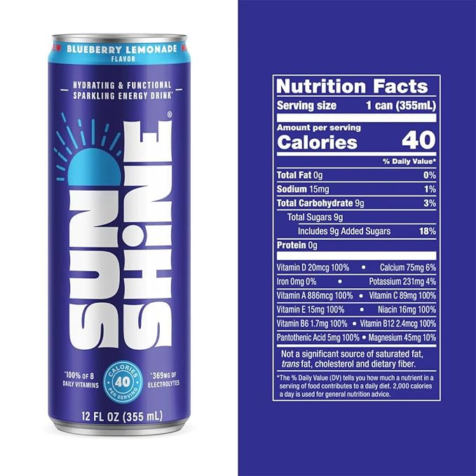 Sunshine Sparkling Energy Drink Variety Pack with Daily Essential Vitamins 360mg of Electrolytes 70mg of Natural Caffeine 12 Fl Oz (Pack of 12)