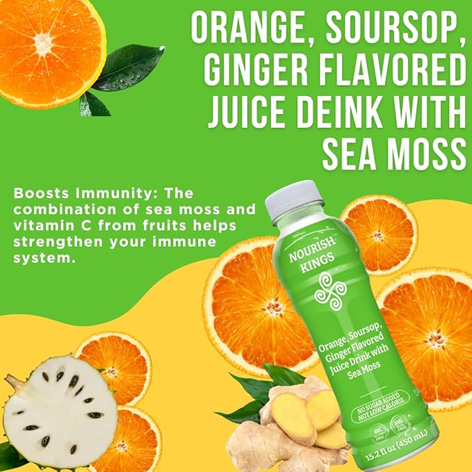 Nourish Kings- Sea Moss drink with Soursop Ginger &amp Orange juice No Added Sugars or Preservatives 12 pack of 15.2 Fl oz Bottles