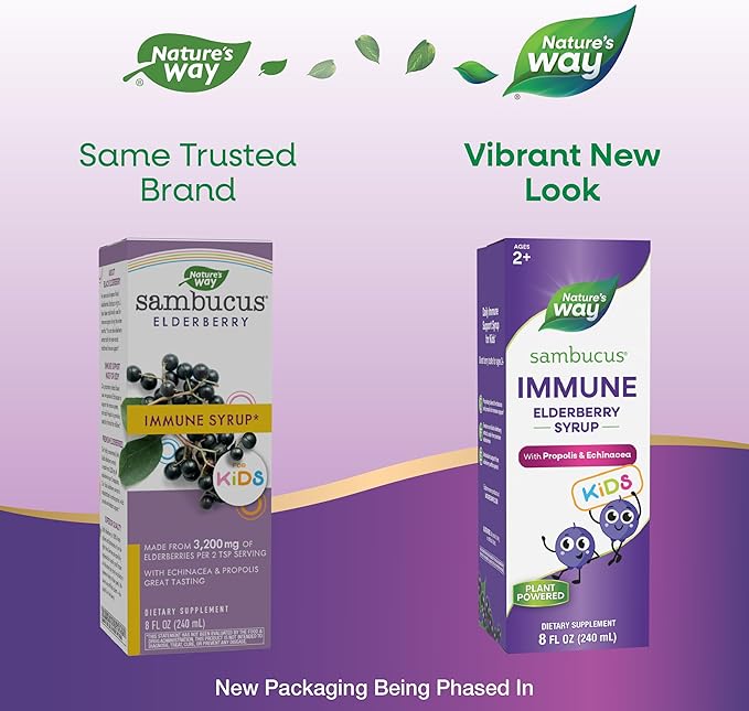 Nature's Way Sambucus Elderberry Immune Syrup for Kids Ages 2+Echinacea &amp Propoliswith Superfood Antioxidants(1)Immune Support Syrup*VegetarianBerry Flavored8 Fl Oz(Pack of 2)