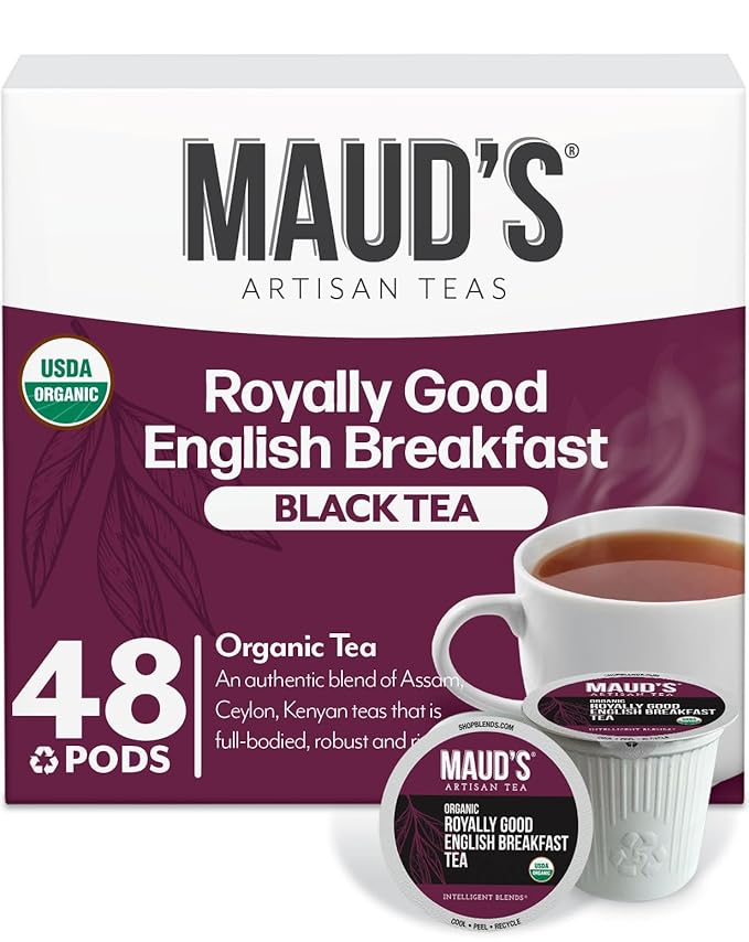 Maud's Organic English Breakfast Black Tea Pods 48 ct Single Serve Pods – 100% Gourmet Blended Tea Leaves Compatible with Keurig K Cups Maker