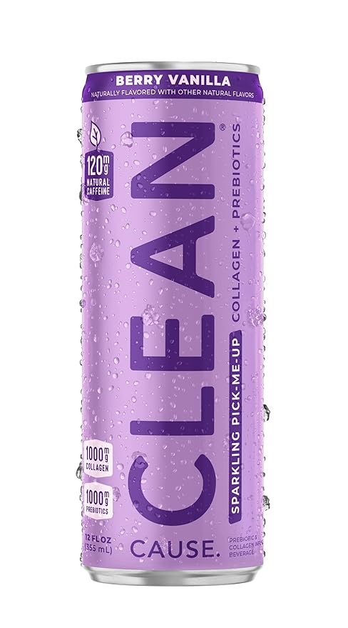 CLEAN Cause Berry Vanilla Sparkling Pick-Me-Up with Prebiotics &amp Collagen Peptides (12oz cans 12-Pack Case) Low Sugar 120mg Caffeine Healthy Alternative to Soda &amp Energy Drinks.