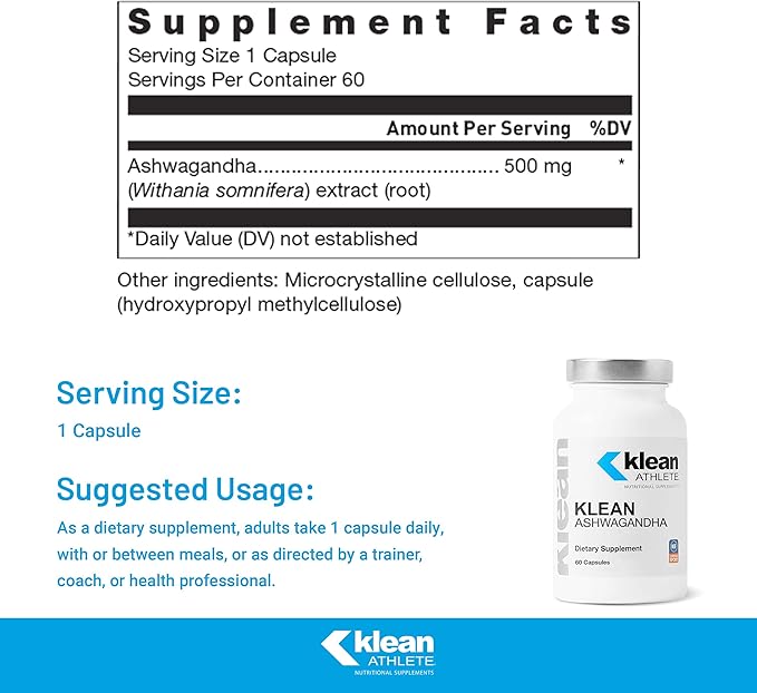 Klean Athlete Klean Ashwagandha - for Occasional Stress - Supports Adaptations to Training* - Adaptogen Blend - Vegan &amp Non GMO - 60 Capsules