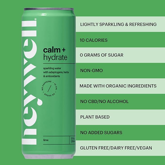 Heywell Sparkling Adaptogenic Water Calm and Restore Lime Flavor 12 Fluid Ounce (Pack of 12) - Non Caffeinated Organic Non GMO Vegan Gluten Free Dairy Free