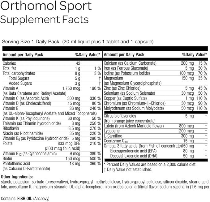 Orthomol Sport 30-Day Supply Premium Sports Nutrition Supplement with Vitamins A B C D E Zinc Iodine Coenzyme Q10 L-Carnitine Omega-3 and Essential Minerals for Optimal Performance