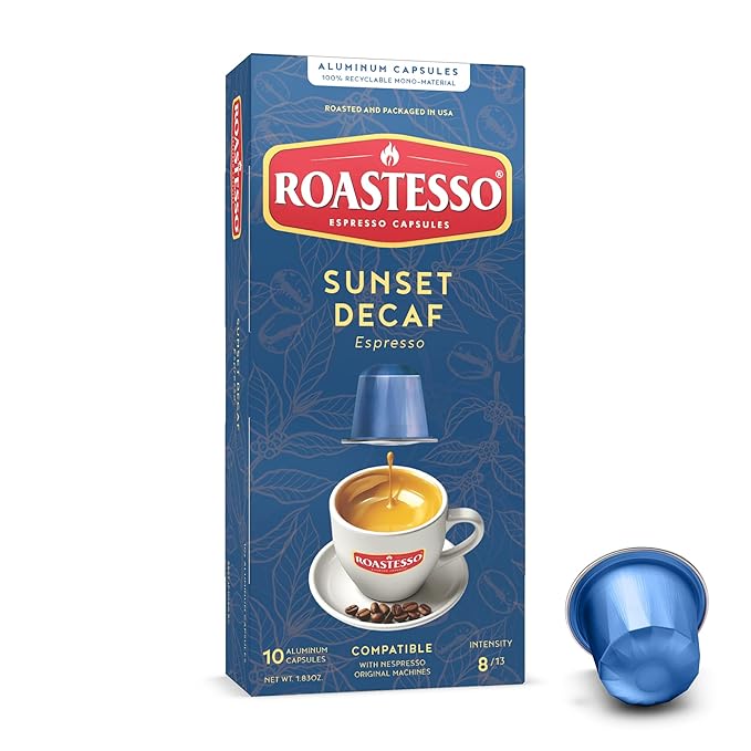 Roastesso Aluminum Espresso Capsules Sunset Decaf Decaffeinated Pods Compatible with Nespresso Original Machines Mild Roast Intensity 8 Recyclable Coffee Capsules Packed in USA (80 Count)