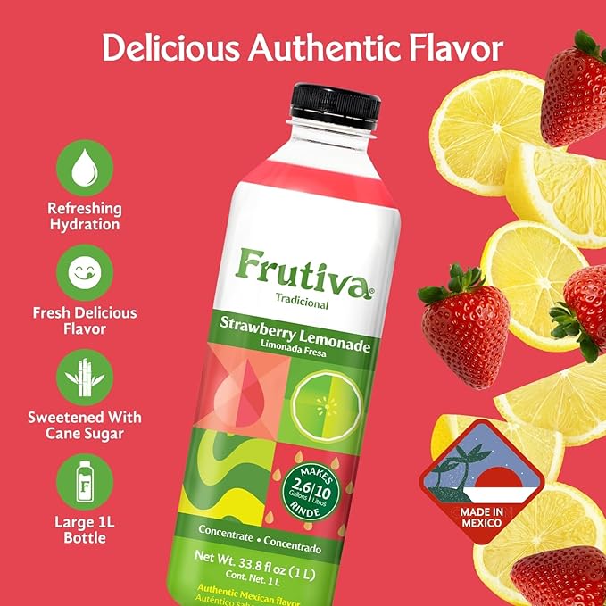 Frutiva Authentic Strawberry Lemonade Drink Mix | Made in Mexico with Cane Sugar | Aguas Frescas Concentrate Makes 2.6 Gallons Per Bottle | No High Fructose Corn Syrup | Perfect for Drinks Desserts &
