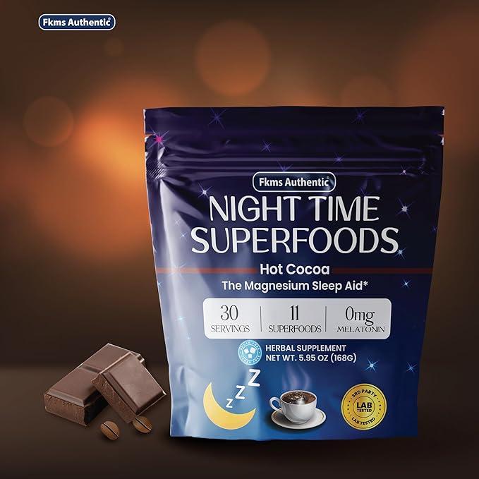 FKMS Authentic Nighttime Magnesium Hot Cocoa Calming Melatonin-Free Sleep Support Natural Sleep Aid Drink Mix for men &amp Woman - Hot Chocolate Powder with L-Theanine Chamomile and Zinc Magnesiu