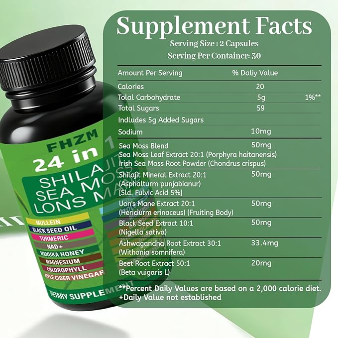 Soursop Capsules with 24-in-1 Herbal Blend - Includes Graviola Shilajit Sea Moss Lions Mane Turmeric Ashwagandha Ginger Manuka Honey - Vegan Non-GMO Dietary Supplement - 60 Capsules (01)