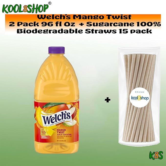 Welch's Mango Twist Juice Drink 96 fl oz Plastic Bottle 2 Pack + 15 Sugarcane Disposable Straws by KOOL8SHOP Infinite Deals