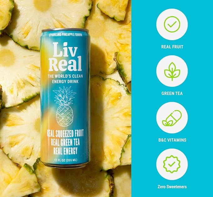 LivReal Clean Energy Drink – Organic Green Tea Caffeine 125mg + L-Theanine 100mg – Real Fruit No Sweeteners or Flavorings – Vitamin C &amp B Complex – Sparkling Pineapple Guava Water – 12 Pack 12 f