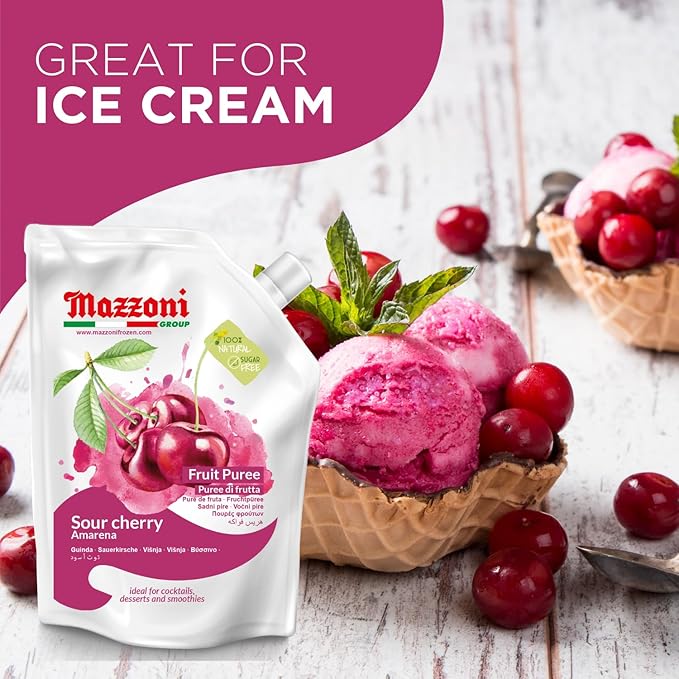 Mazzoni - Cherry Puree 100% Italian Pure Sour Cherry (Amarena) Juice Just Fruit No Sugar Added Real Fruit Mixer for Cocktails Drinks Smoothies - 2.2 lb Convenient Pouch Made in Italy