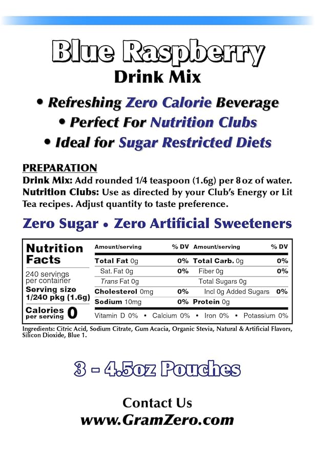 GramZero Blue Raspberry Zero Calorie Sugar Free Drink Mix Great For Nutrition Club Loaded Teas Stevia Sweetened