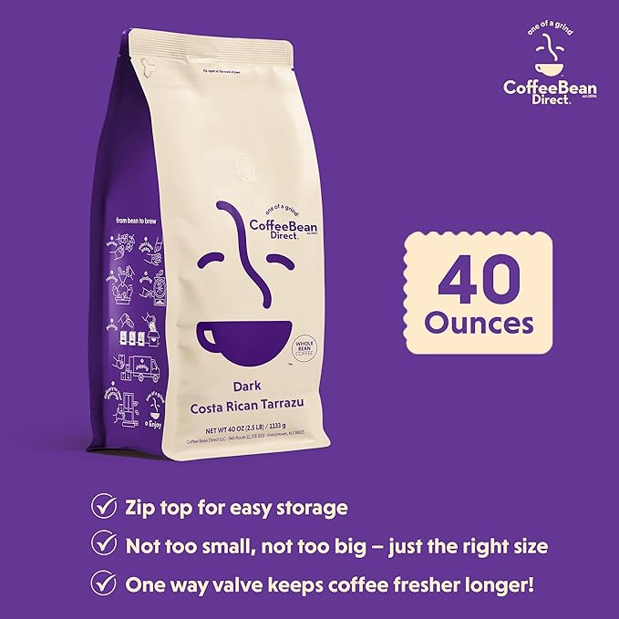 Coffee Bean Direct Dark Costa Rican Tarrazu Whole Bean Coffee Single Origin Arabica Coffee Dark Roast 2.5 Pound Bag (Pack of 1)