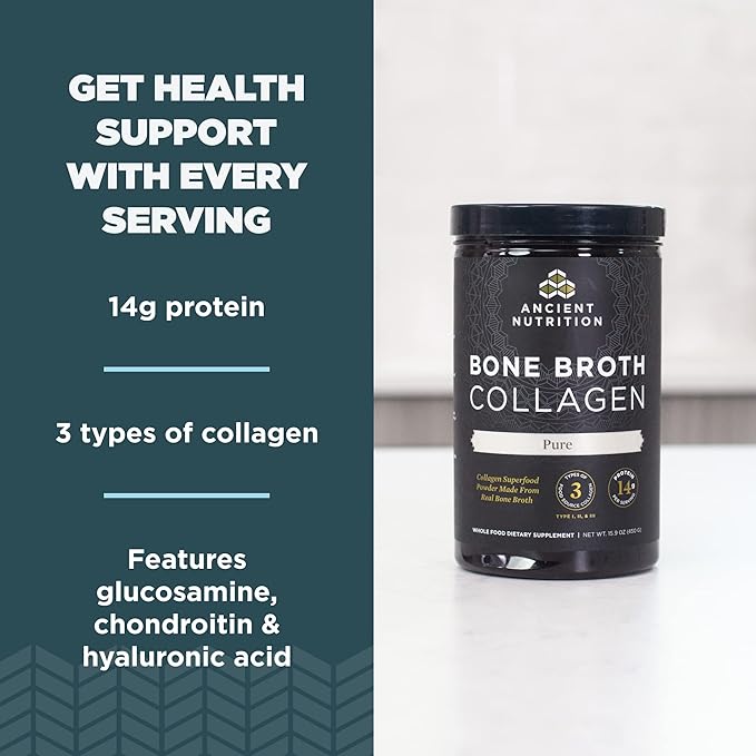 Ancient Nutrition Bone Broth Collagen Powder Pure 30 Servings + Organic Supergreens Powder Greens Flavor 25 Servings