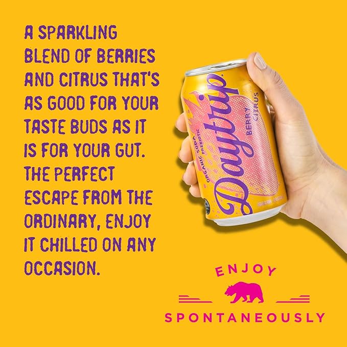 Daytrip Organic Sparkling Prebiotic Soda Low Sugar Soda and Low Calorie Healthy Soda Alternative Prebiotic Drink for Gut Health Drink and Digestion Refreshing Functional Beverage with Plant-Based F