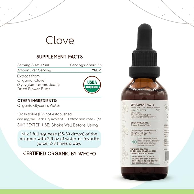 HerbEra Clove B60 USDA Organic Tincture | Alcohol-Free Extract High-Potency Herbal Drops Immune System Health | Certified Organic Clove (Syzygium Aromaticum) Dried Flower Buds (2 fl oz)