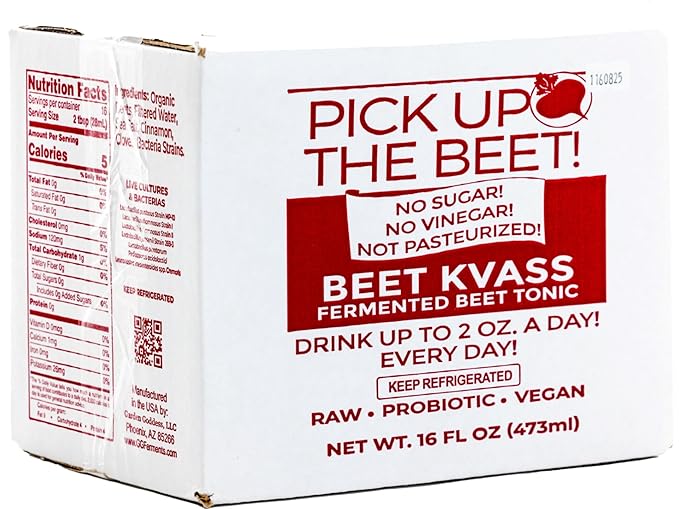 Pick Up The Beet Organic Beet Juice Kvass with Live Probiotics Vegan - Natural Nitric Oxide Boost Fermented Beet Tonic Sugar Cravings Support 16 Ounces 6 Bottles