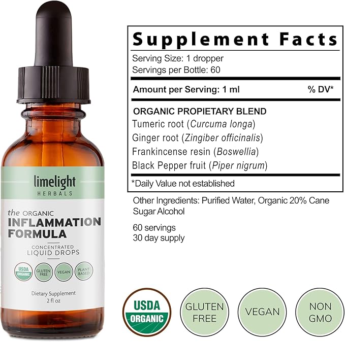 Organic Inflammation Formula Advanced Liquid Drops – Turmeric Ginger Boswellia &amp Black Pepper – Whole-Body Wellness &amp Inflammatory Support Joint &amp Mobility Support – Vegan Non-GMO – 60