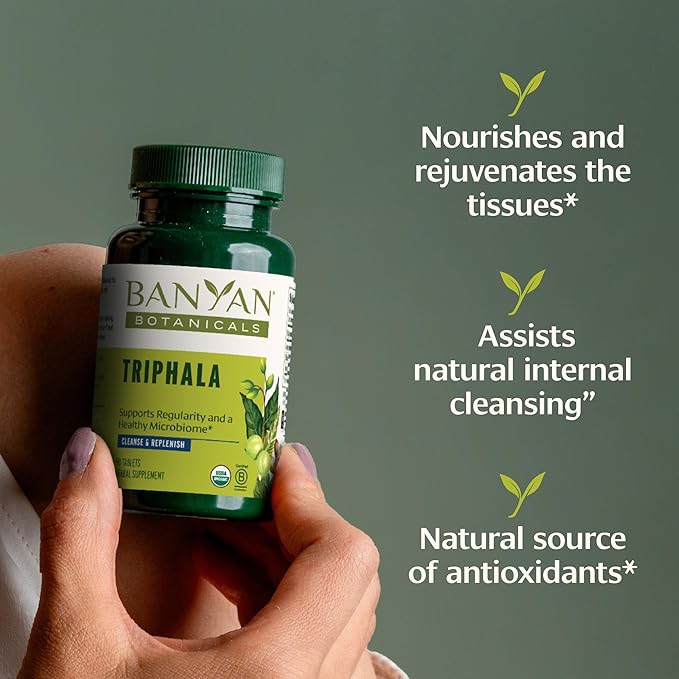 Banyan Botanicals Organic Triphala Tablets - Gentle Daily Digestion &amp Colon Cleanse Support - Amla Haritaki Bibhitaki - Healthy Elimination Detox &amp Gut Microbiome - 90 Tablets - Non-GMO Ve