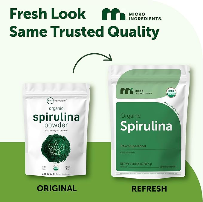 Micro Ingredients Organic Spirulina Powder 2lb | Blue-Green Algae Rich in Vegan Protein Vitamins &amp Minerals | Source of Natural Chlorophyll &amp Enzymes | Non-GMO Gluten-Free No Additives