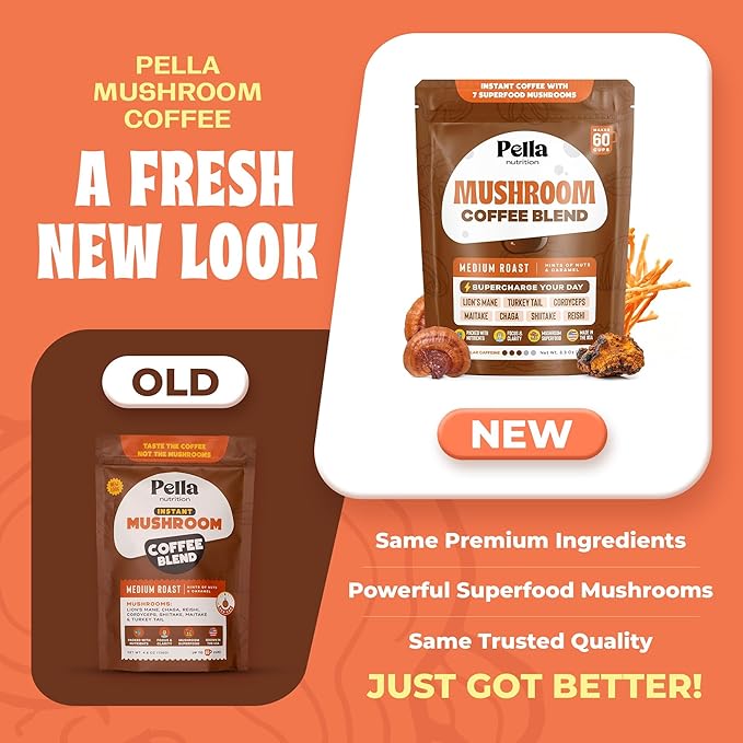 Pella Nutrition Mushroom Coffee – Lions Mane Reishi Chaga Cordyceps Shiitake Maitake and Turkey Tail Mushroom Supplement – Superfood Instant Coffee for Focus &amp Energy (Regular Caffeine 60 C